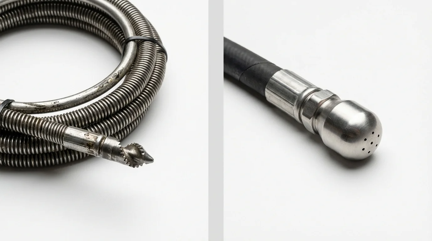 Drain snake cable and hydro jetting nozzle used for drain cleaning in Rexburg, ID