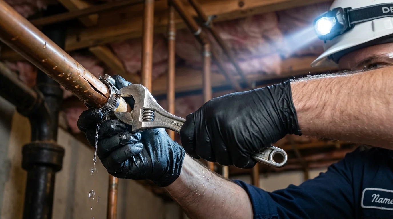 Emergency pipe clamp repair being performed by a Johns Plumbing LLC plumber in Rexburg