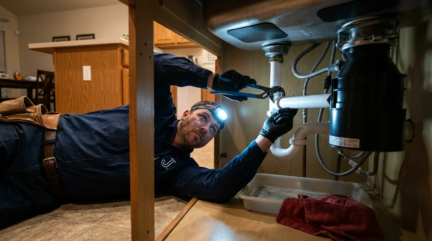 P-trap and supply line connections under a kitchen sink showing a common leak point in Rexburg, ID